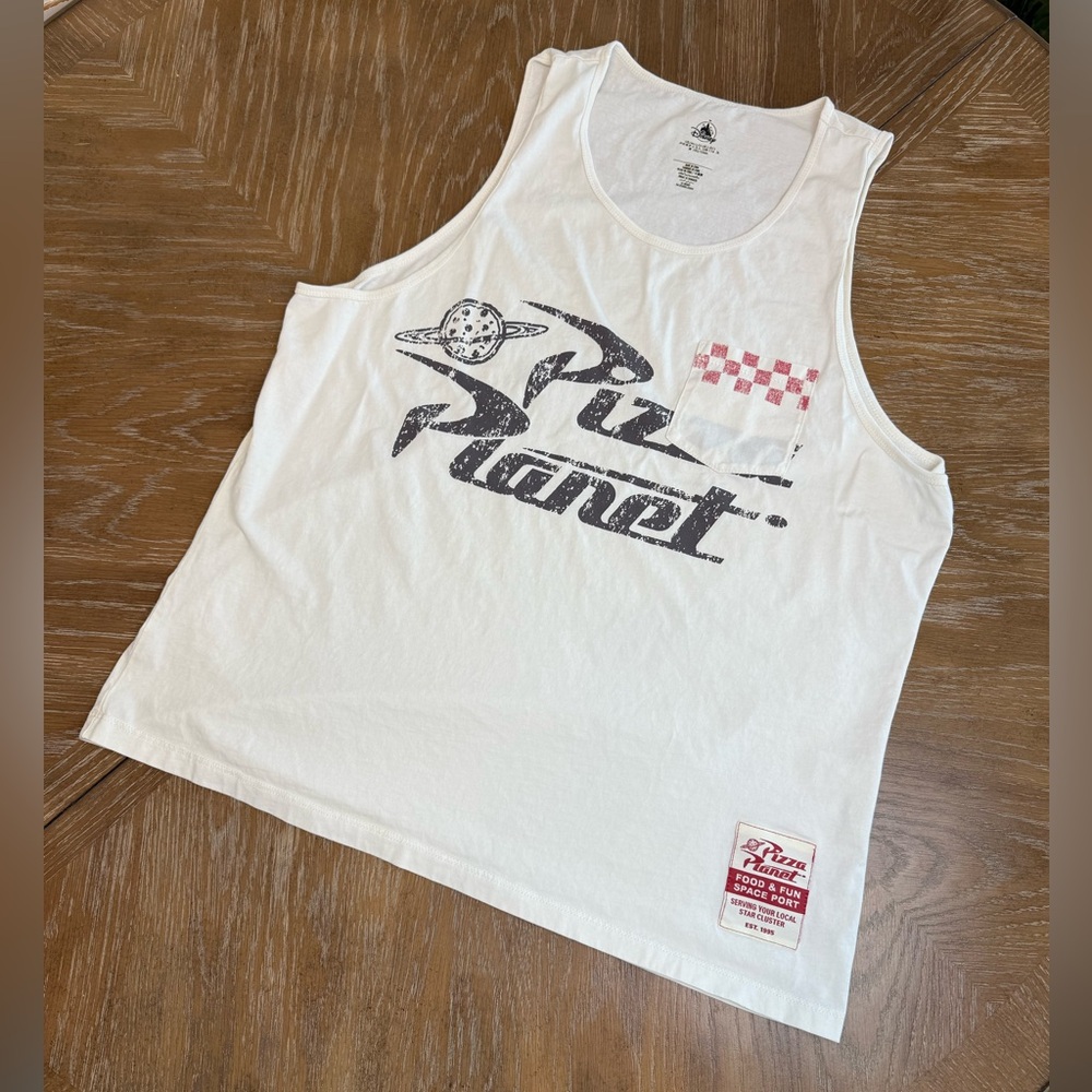Disney Pizza Planet off White Graphic pocket sleeveless Tee